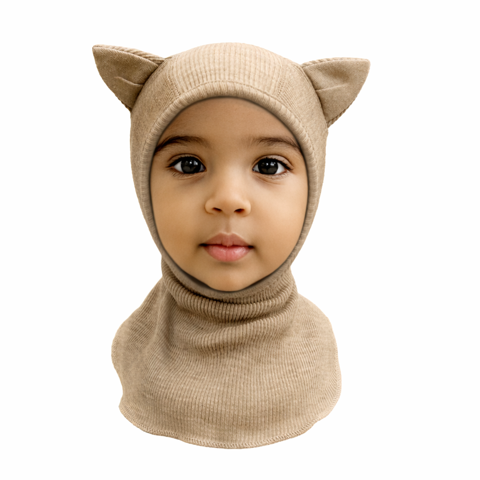 ManyMonths Kids Merino Wool Balaclava with Kitty Ears - Driftwood Taupe