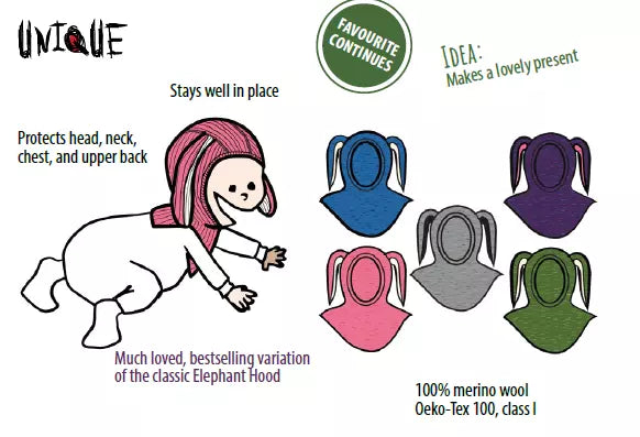 ManyMonths Elephant Hood with Bunny Ears UNiQUE - Acai Berry (100% wool)